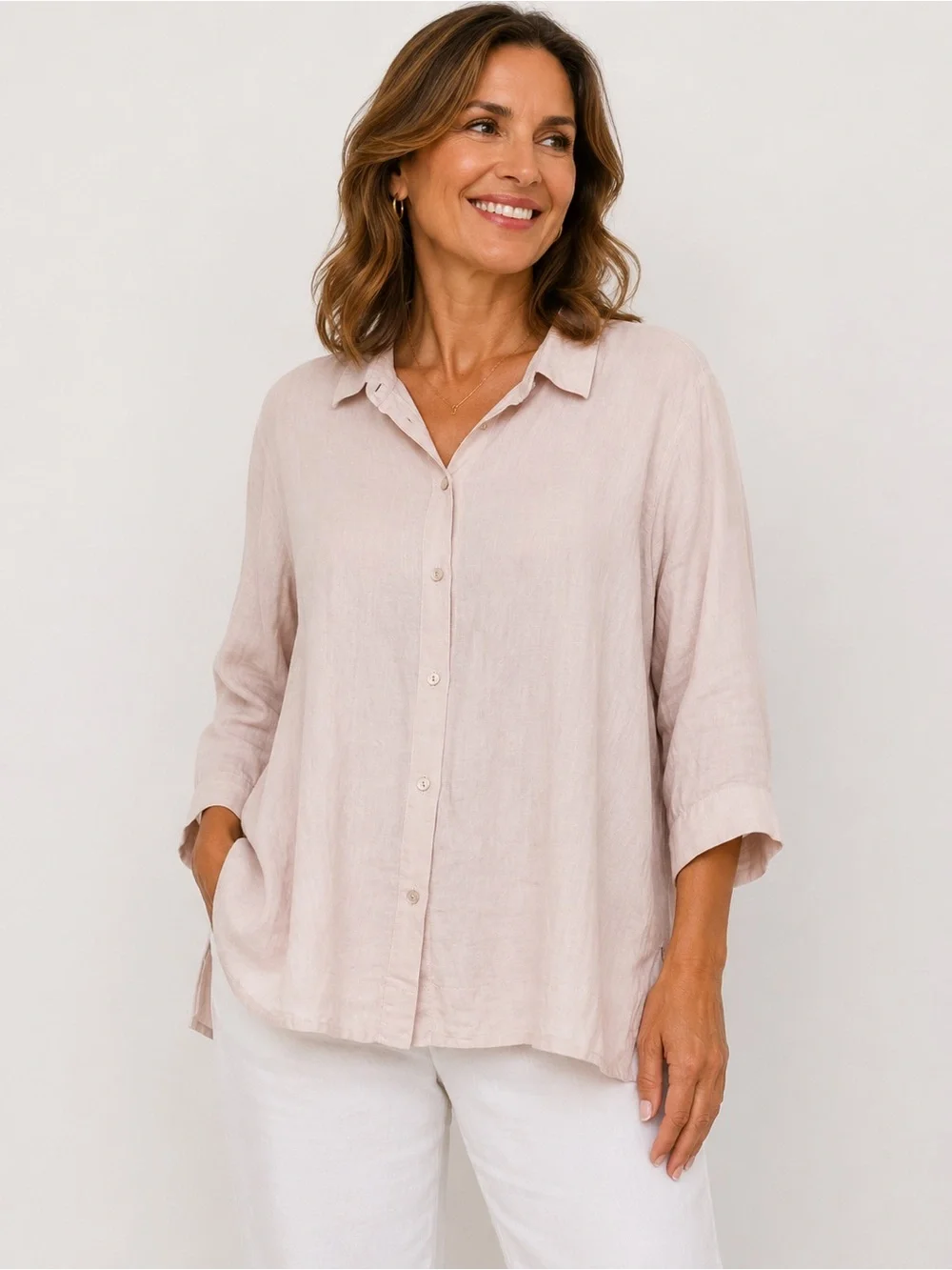 Eileen Fisher System Organic Linen Elbow Sleeve Shirt Size XL Pink Boxy Button